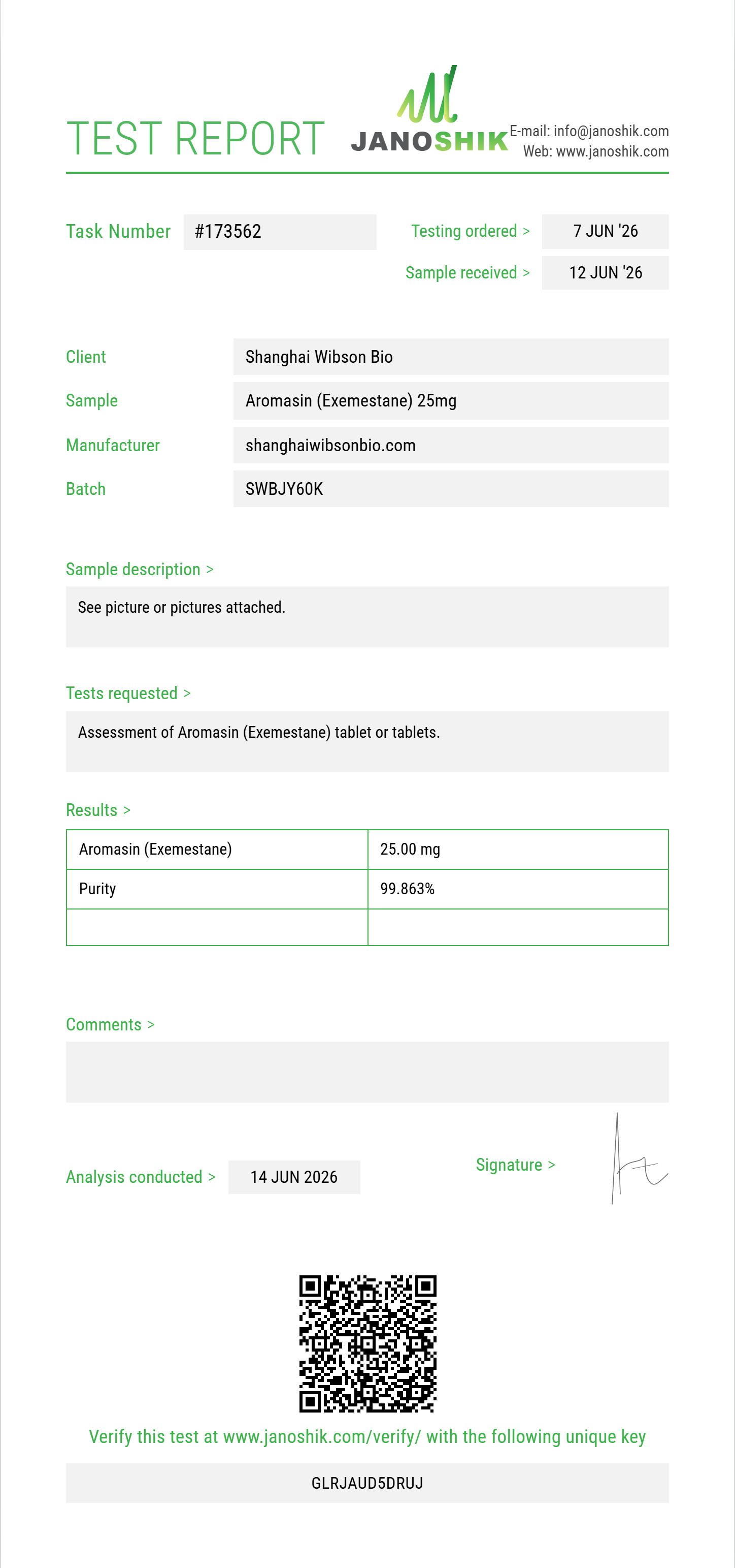 Aromasin (Exemestane) Purity (HPLC) report by Janoshik Analytical