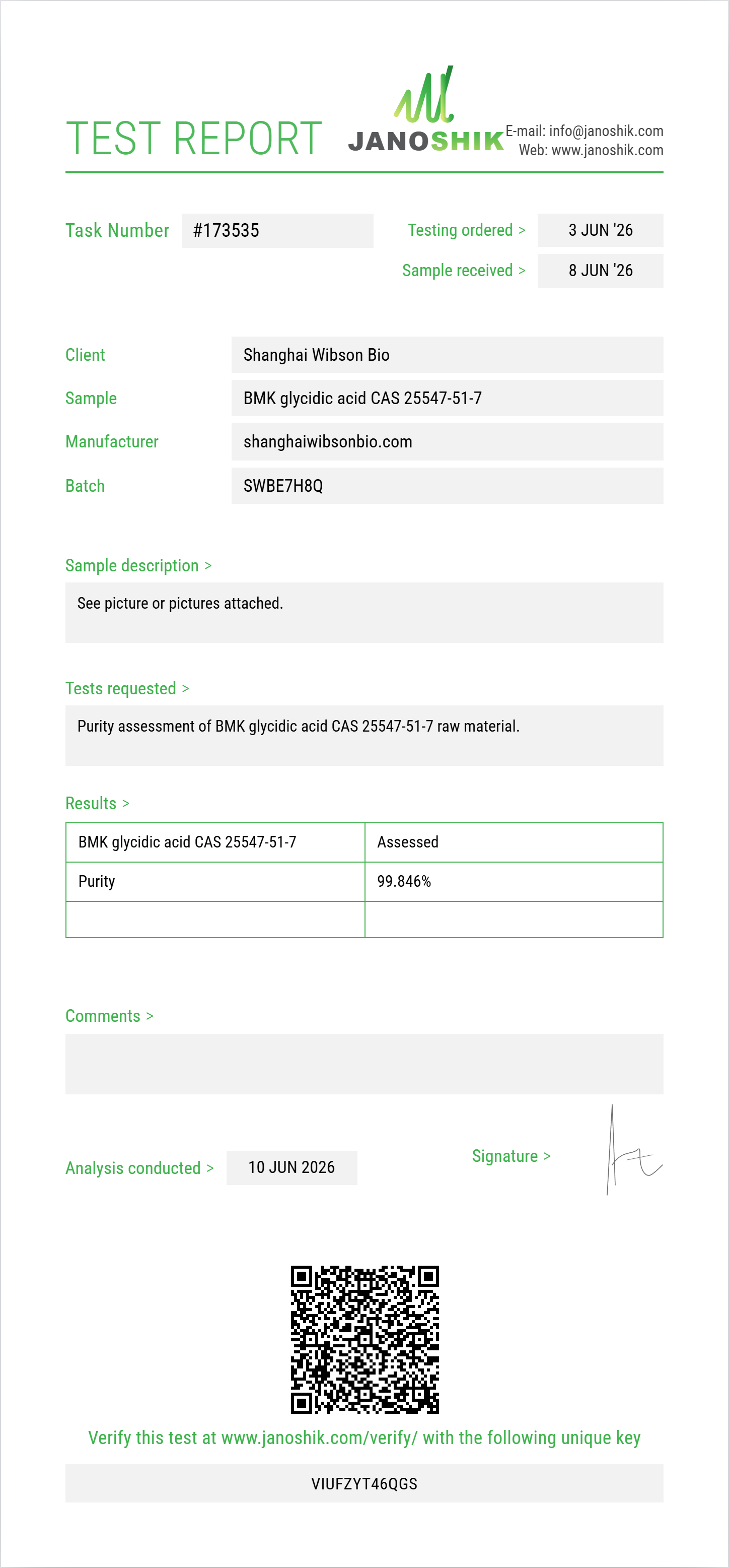 BMK glycidic acid (free acid) CAS 25547-51-7 Purity (HPLC) report by Janoshik Analytical
