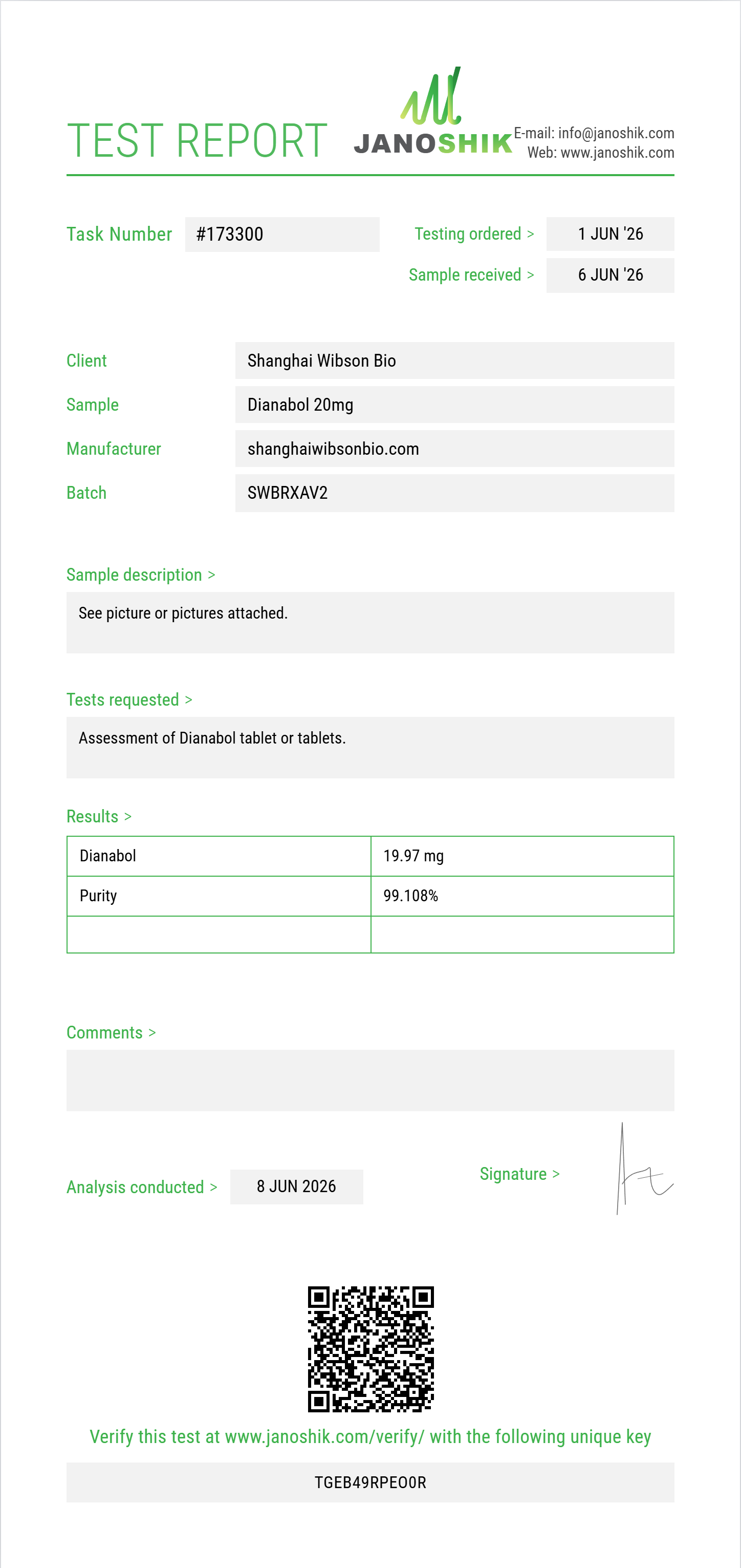 Dianabol Purity (HPLC) report by Janoshik Analytical