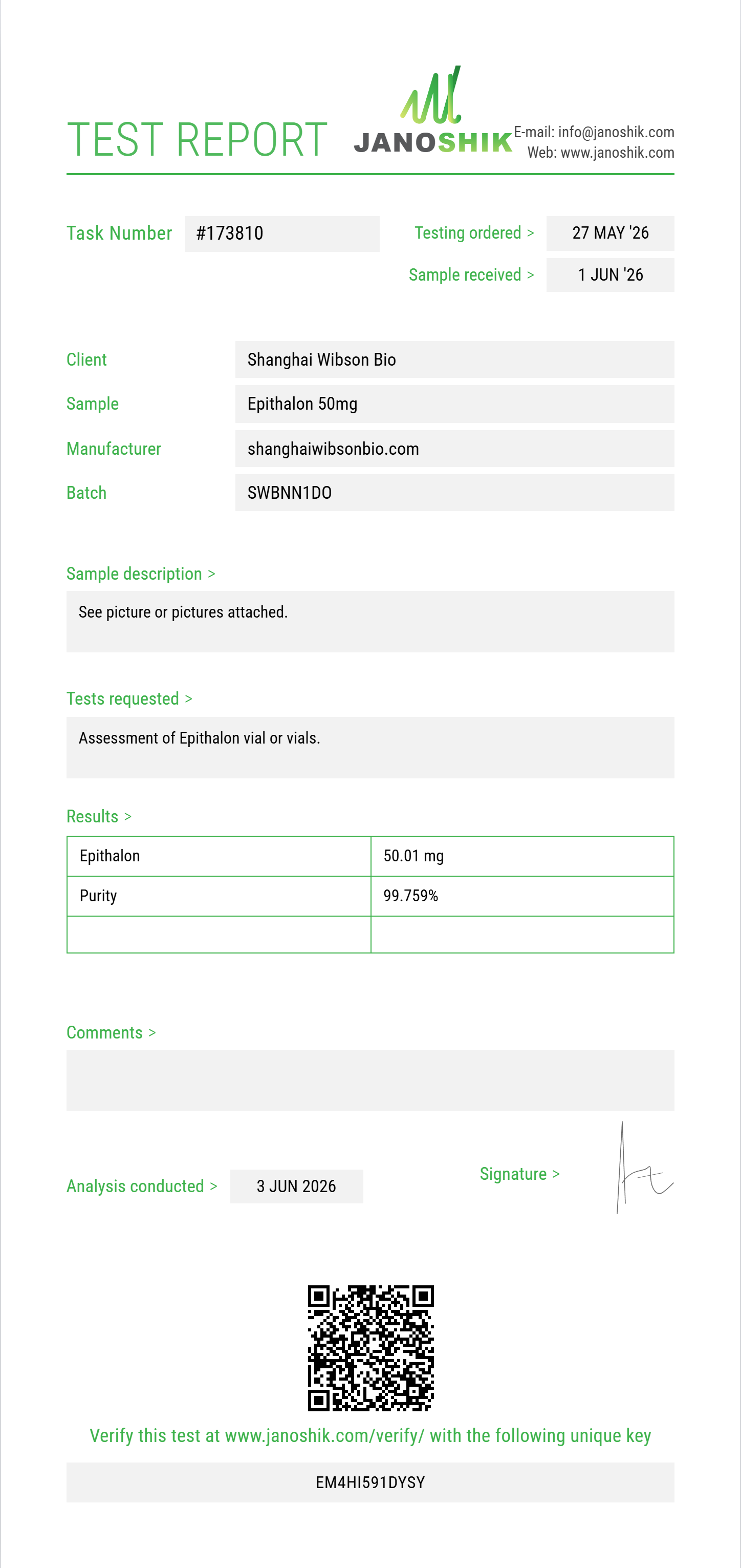 Epithalon Purity (HPLC) report by Janoshik Analytical