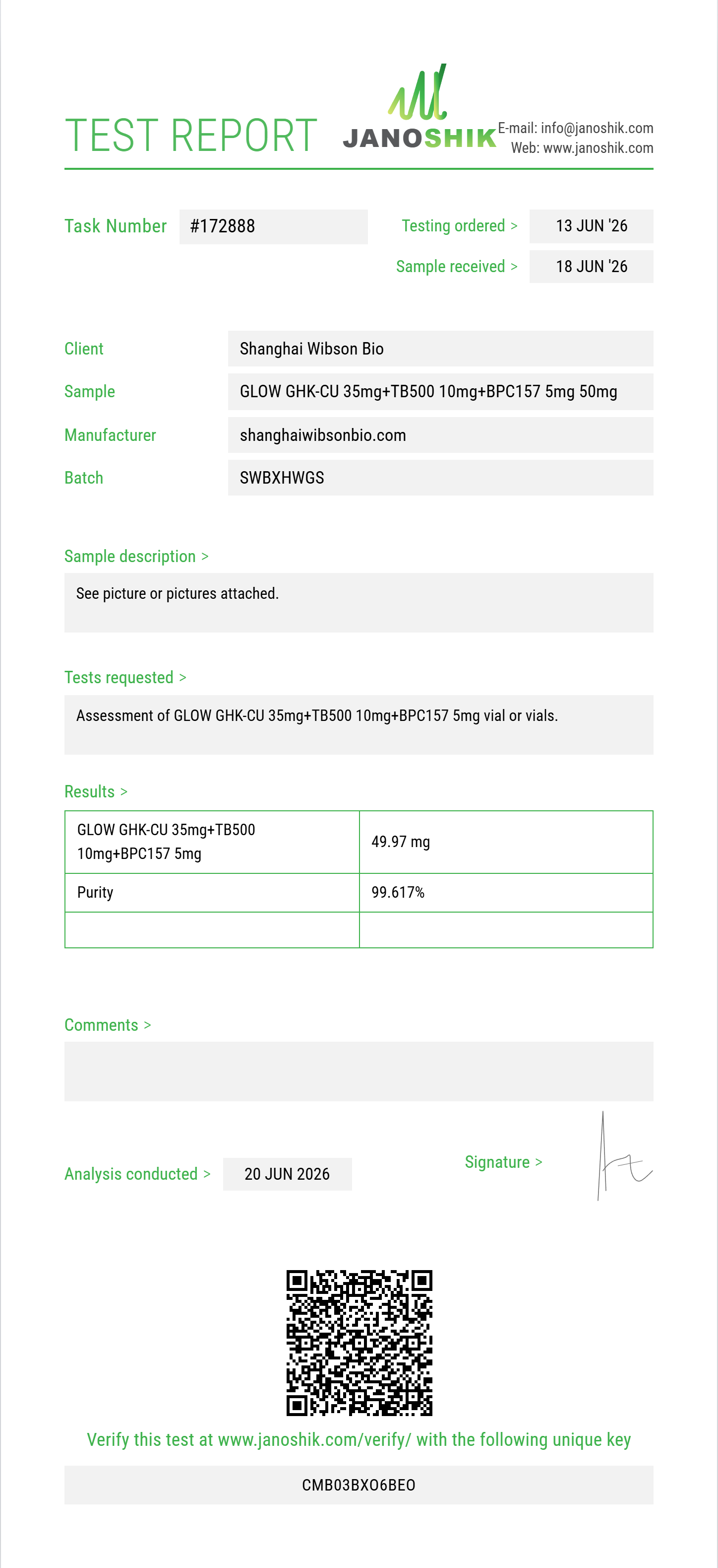 GLOW GHK-CU 35mg+TB500 10mg+BPC157 5mg Purity (HPLC) report by Janoshik Analytical