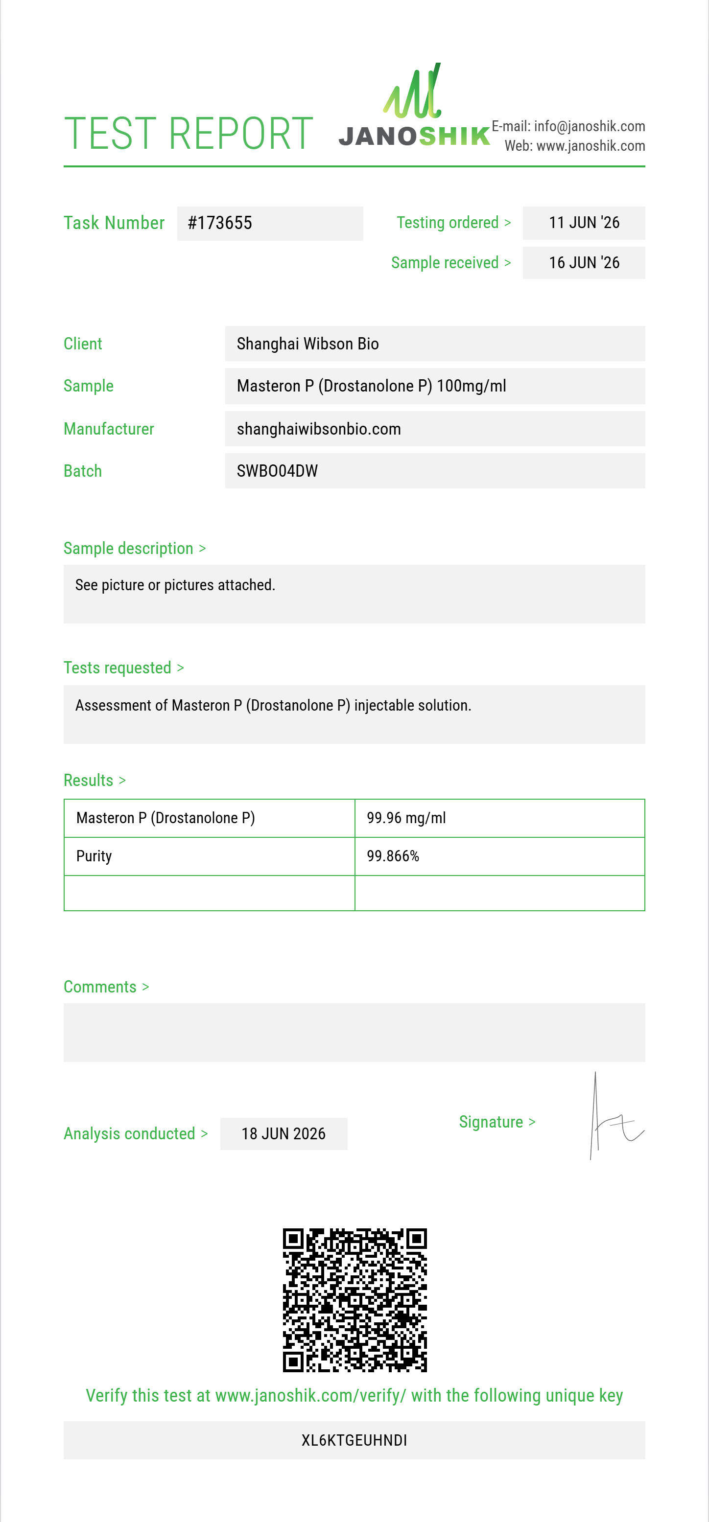 Masteron P (Drostanolone P) Purity (HPLC) report by Janoshik Analytical