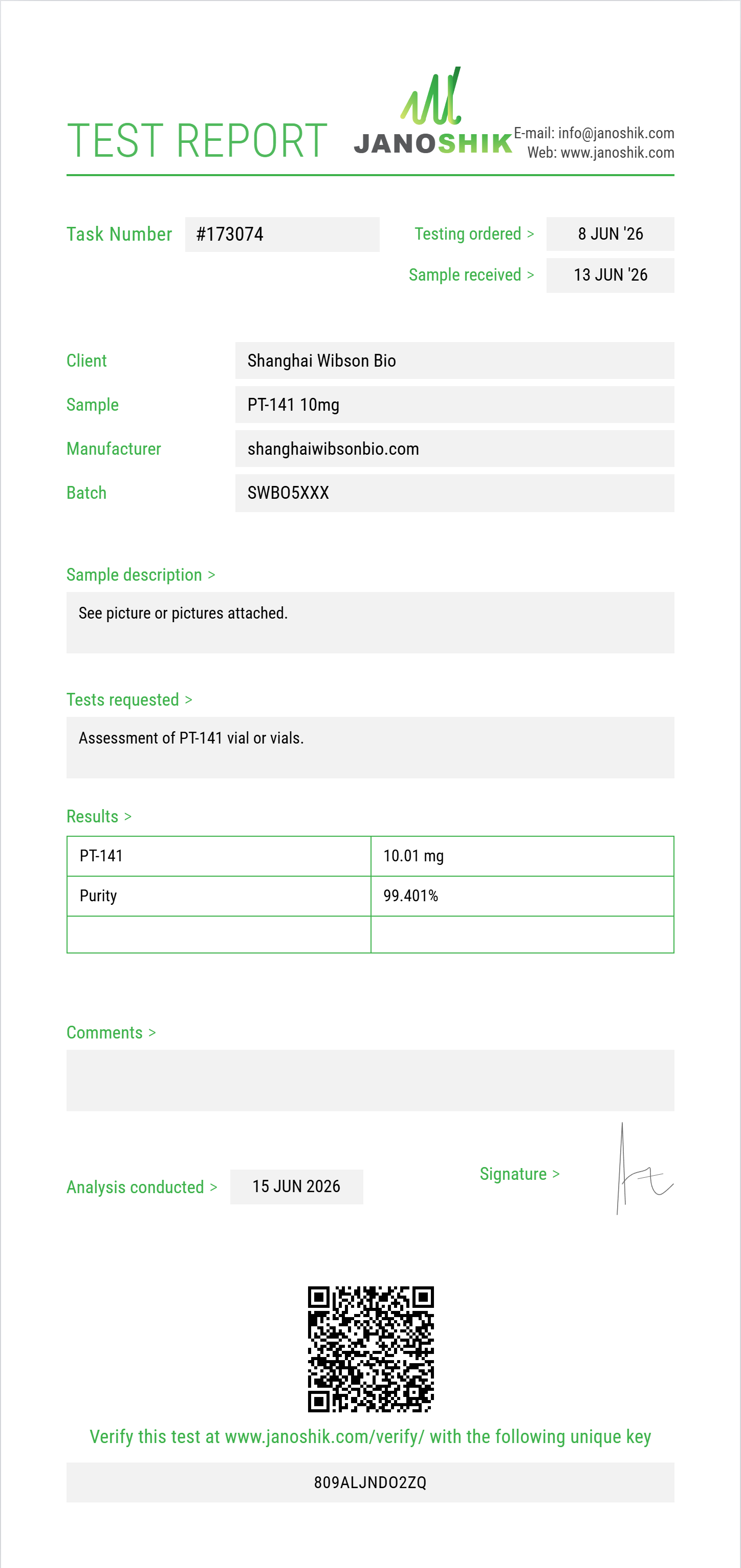 PT-141 Purity (HPLC) report by Janoshik Analytical