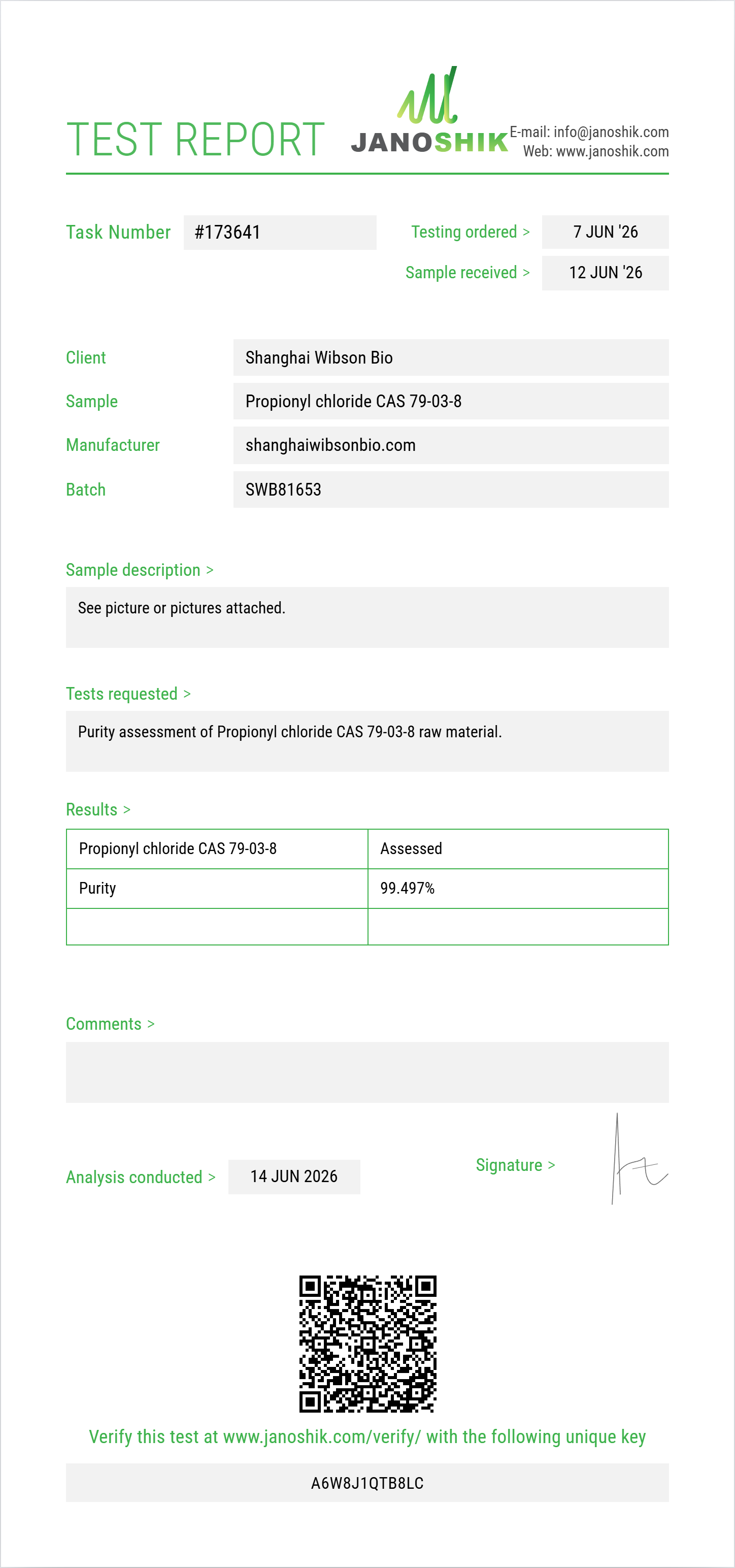 Propionyl chloride CAS 79-03-8 Purity (HPLC) report by Janoshik Analytical
