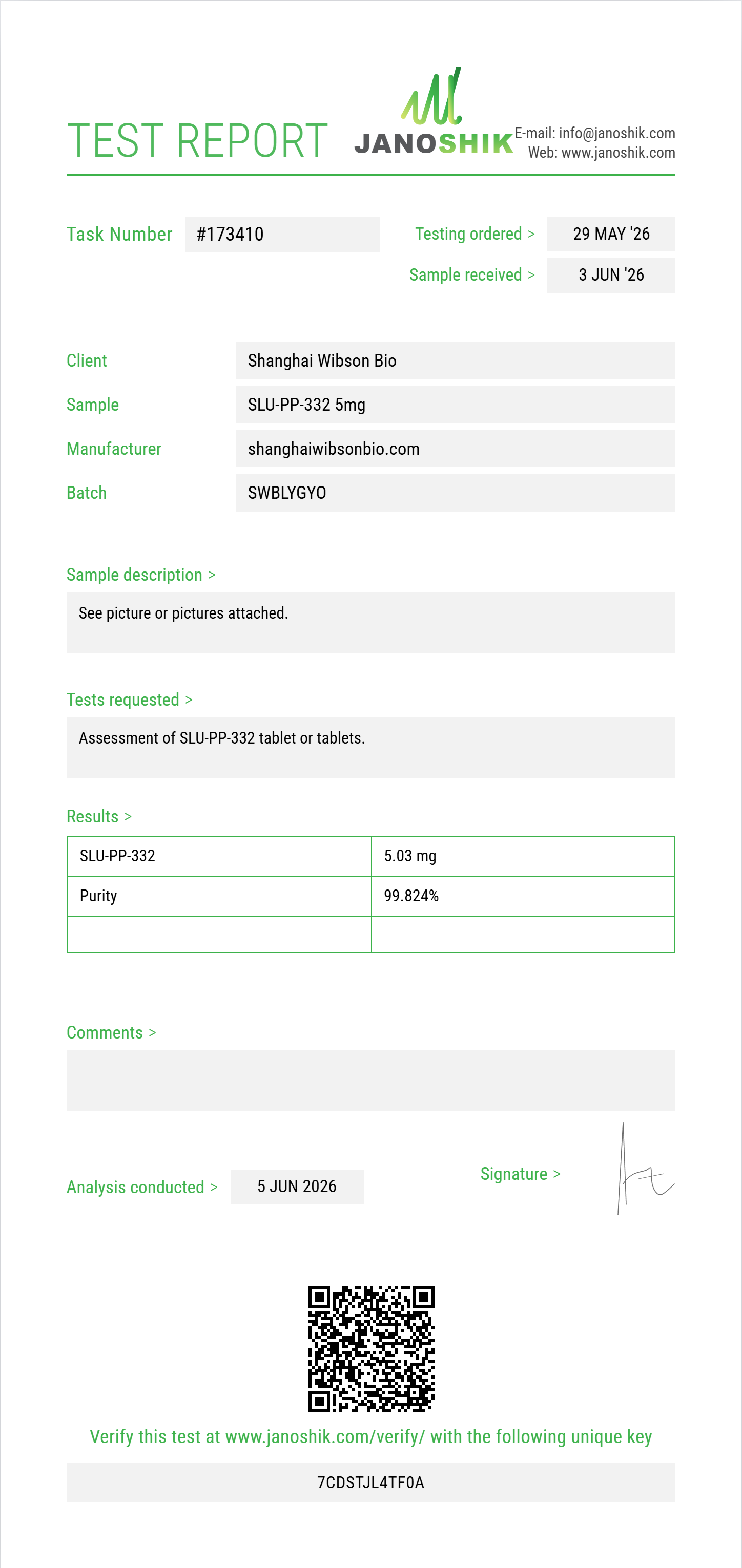SLU-PP-332 Purity (HPLC) report by Janoshik Analytical