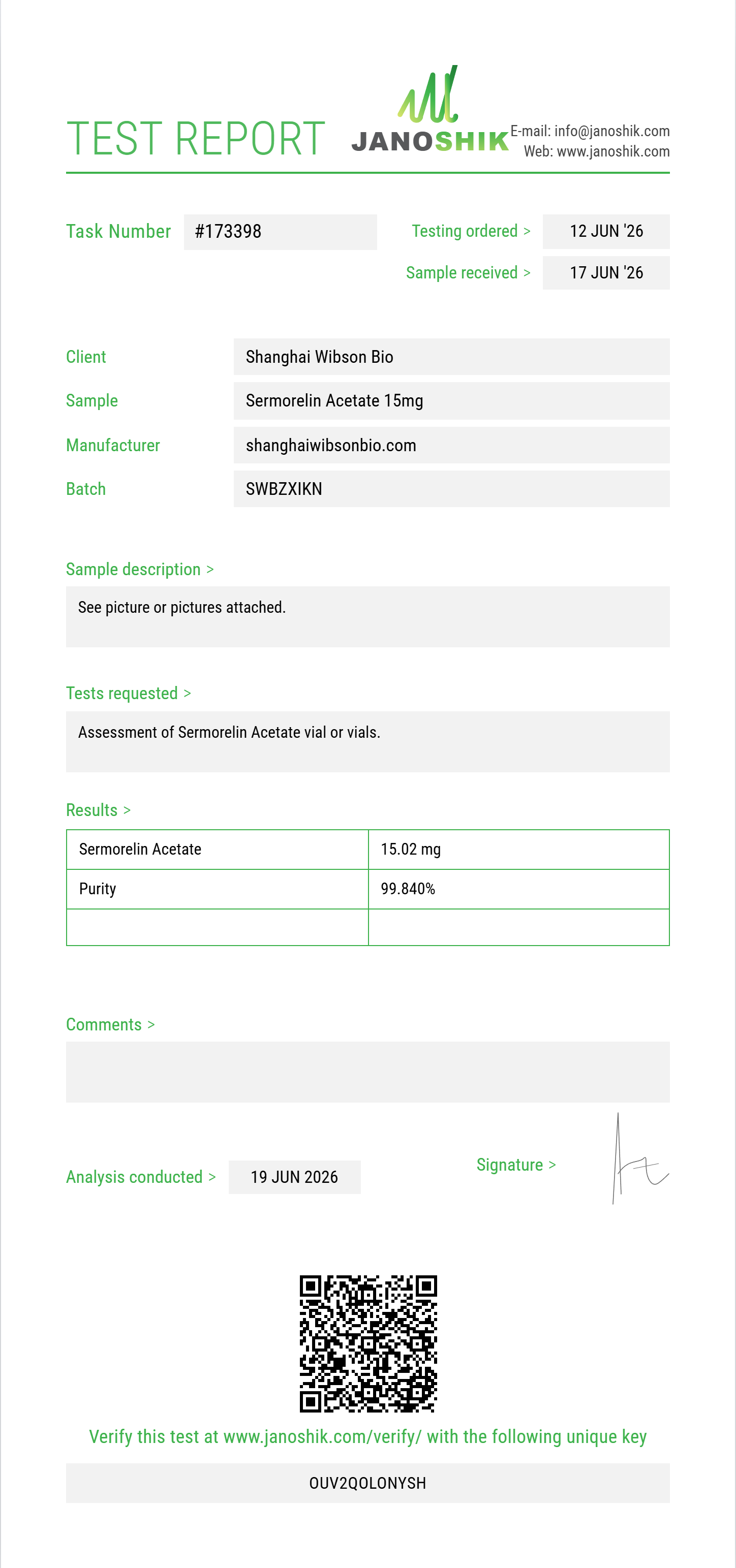 Sermorelin Acetate Purity (HPLC) report by Janoshik Analytical