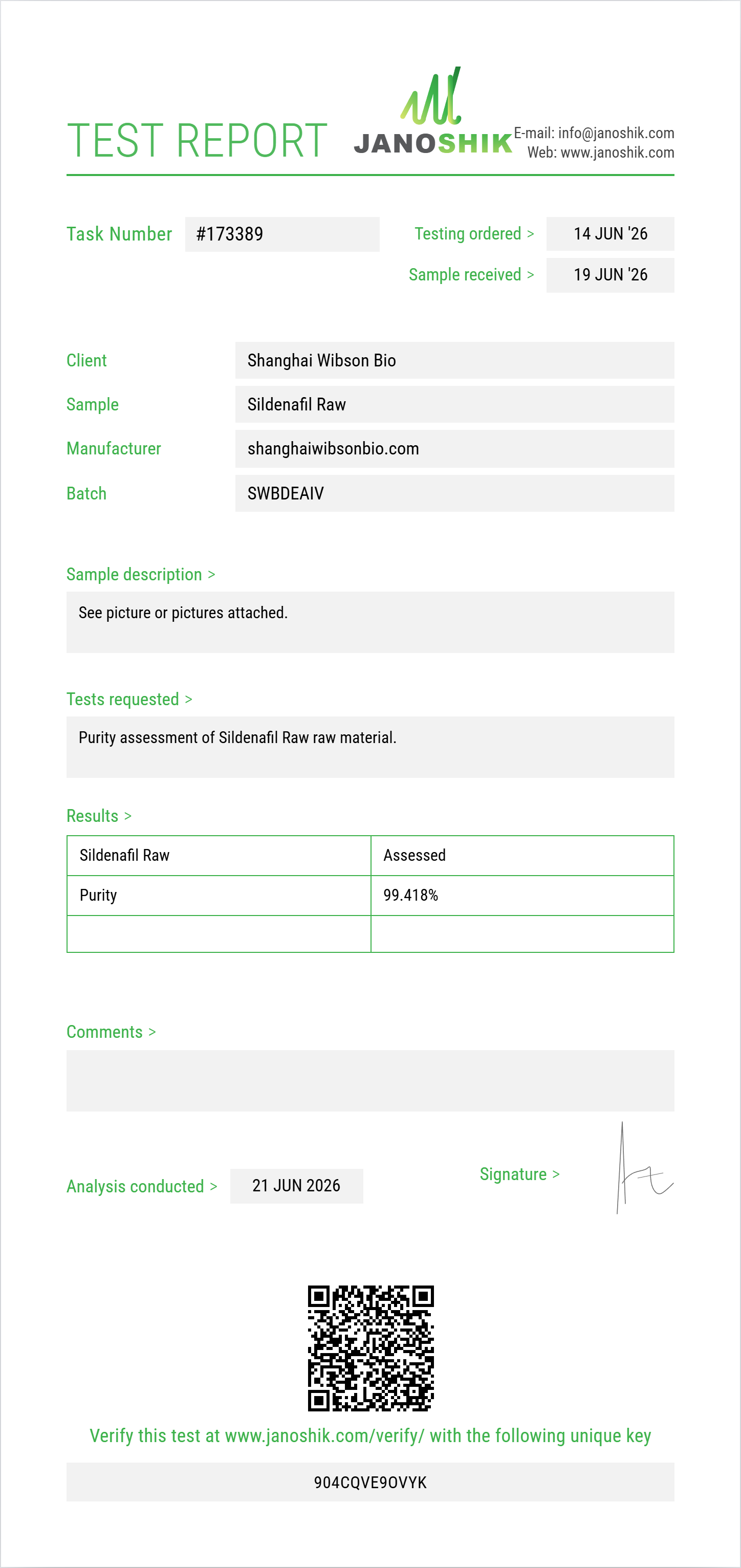 Sildenafil Raw Purity (HPLC) report by Janoshik Analytical