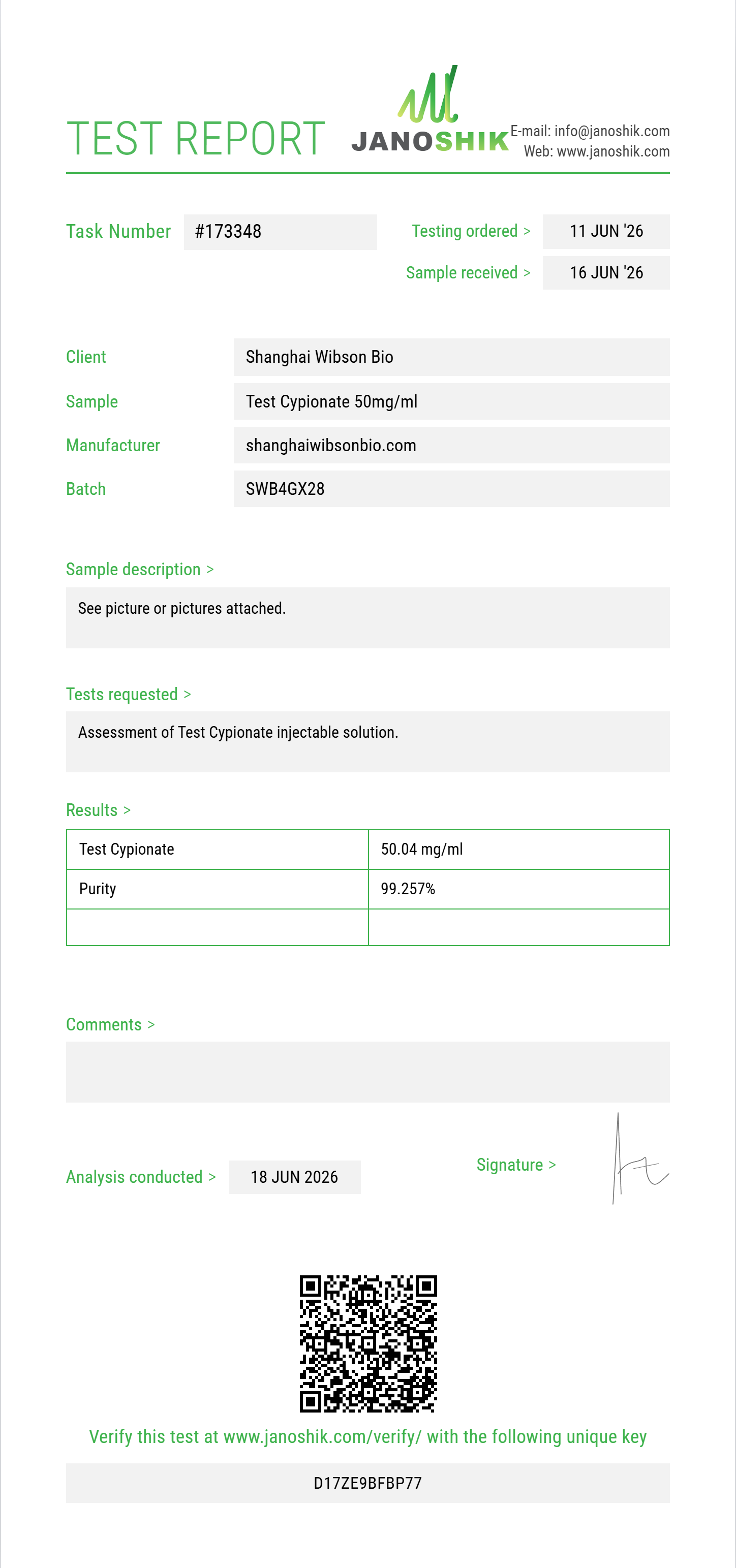 Test Cypionate Purity (HPLC) report by Janoshik Analytical