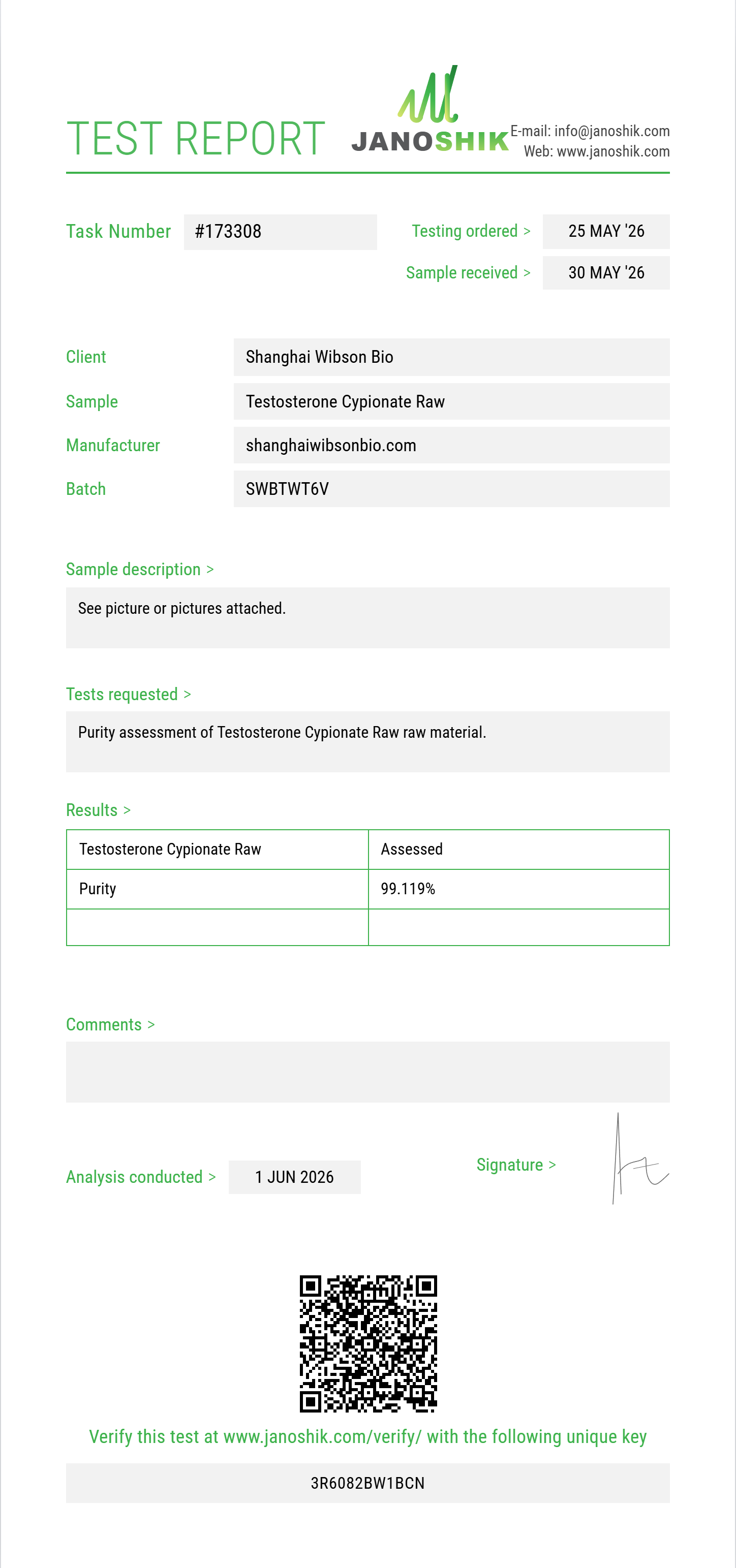 Testosterone Cypionate Raw Purity (HPLC) report by Janoshik Analytical