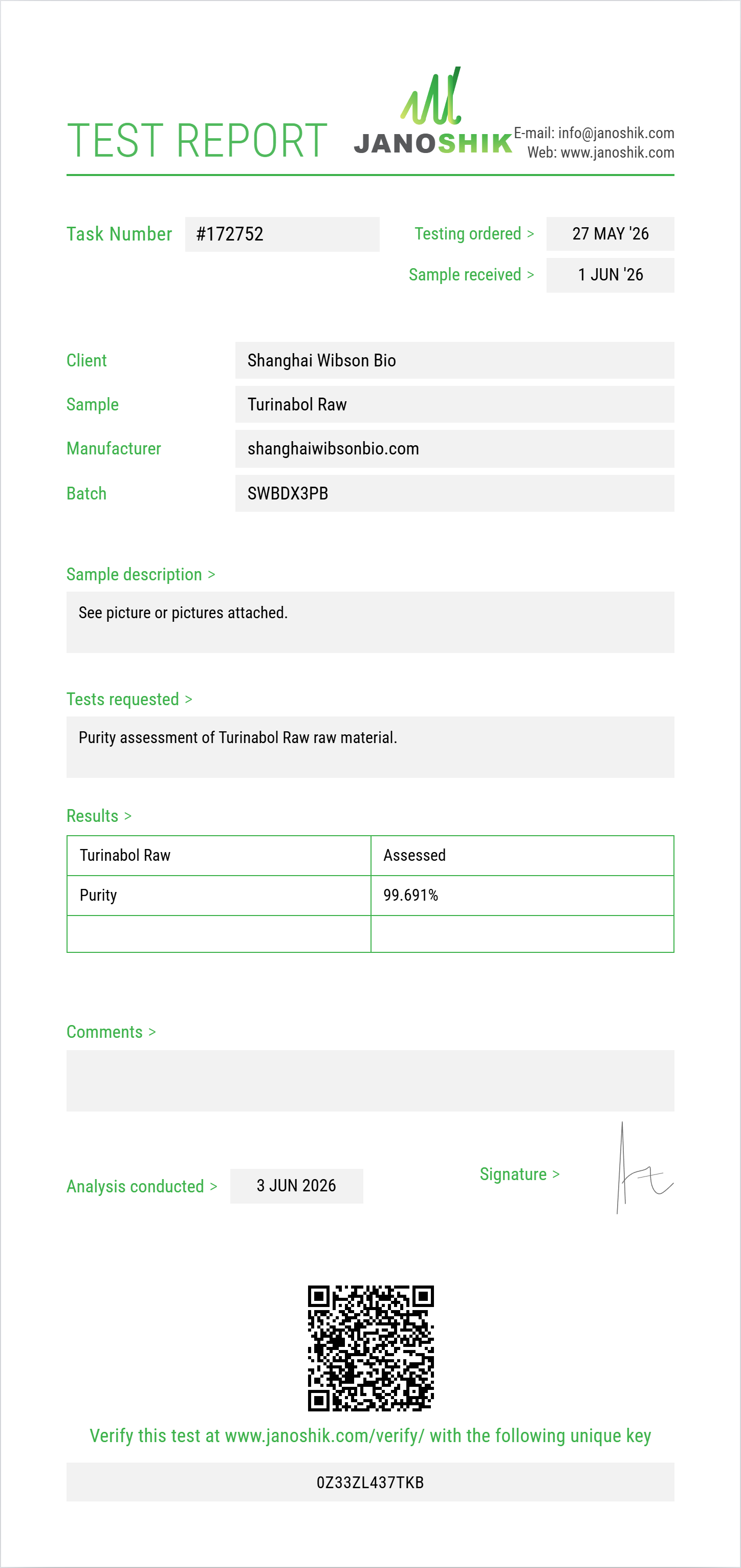 Turinabol Raw Purity (HPLC) report by Janoshik Analytical