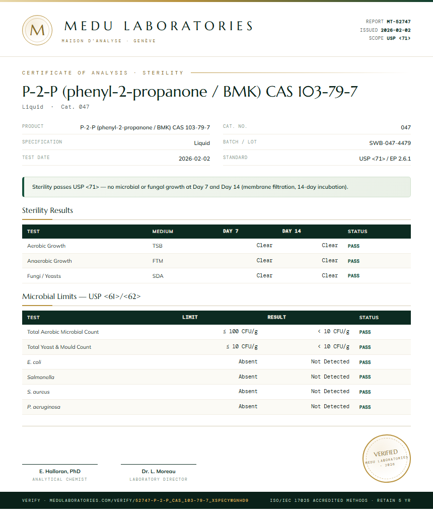 P-2-P (phenyl-2-propanone / BMK) CAS 103-79-7 Sterility report by Medu Laboratories
