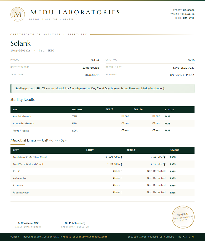 Selank Sterility report by Medu Laboratories