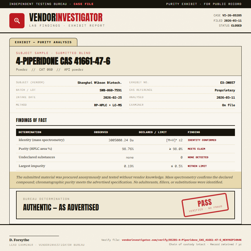 4-Piperidone CAS 41661-47-6 Purity (HPLC) report by VendorInvestigator