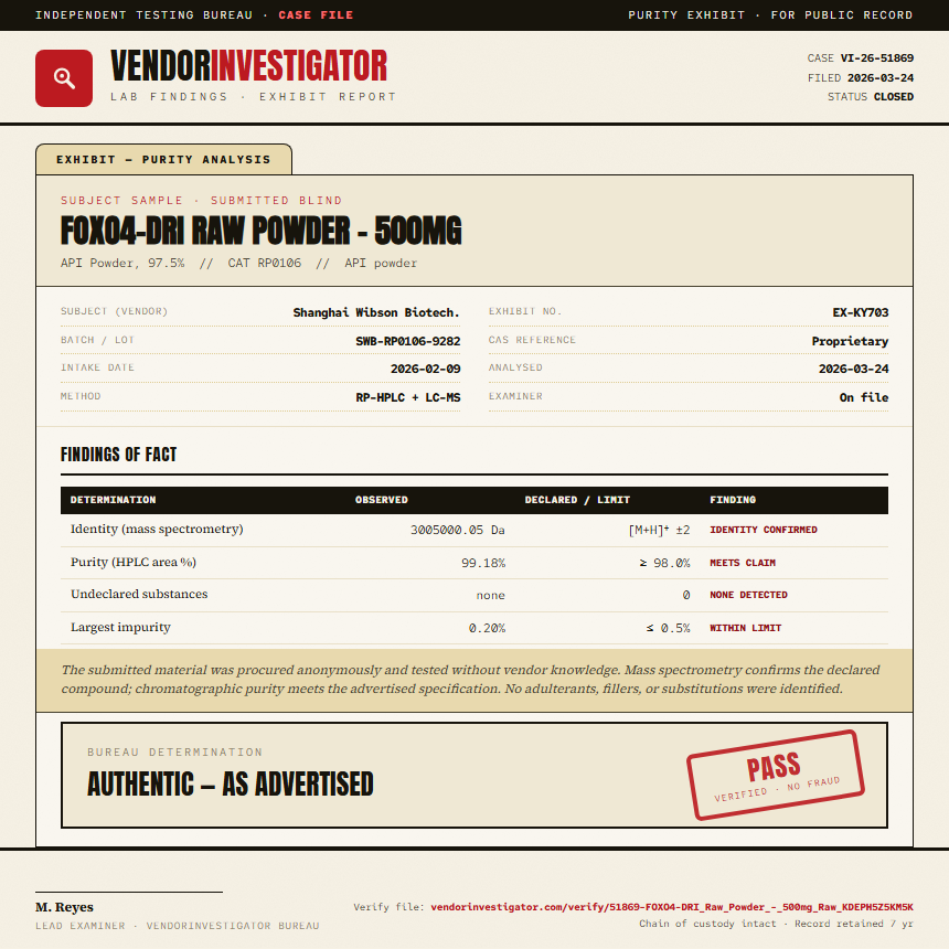 FOXO4-DRI Raw Powder - 500mg Purity (HPLC) report by VendorInvestigator