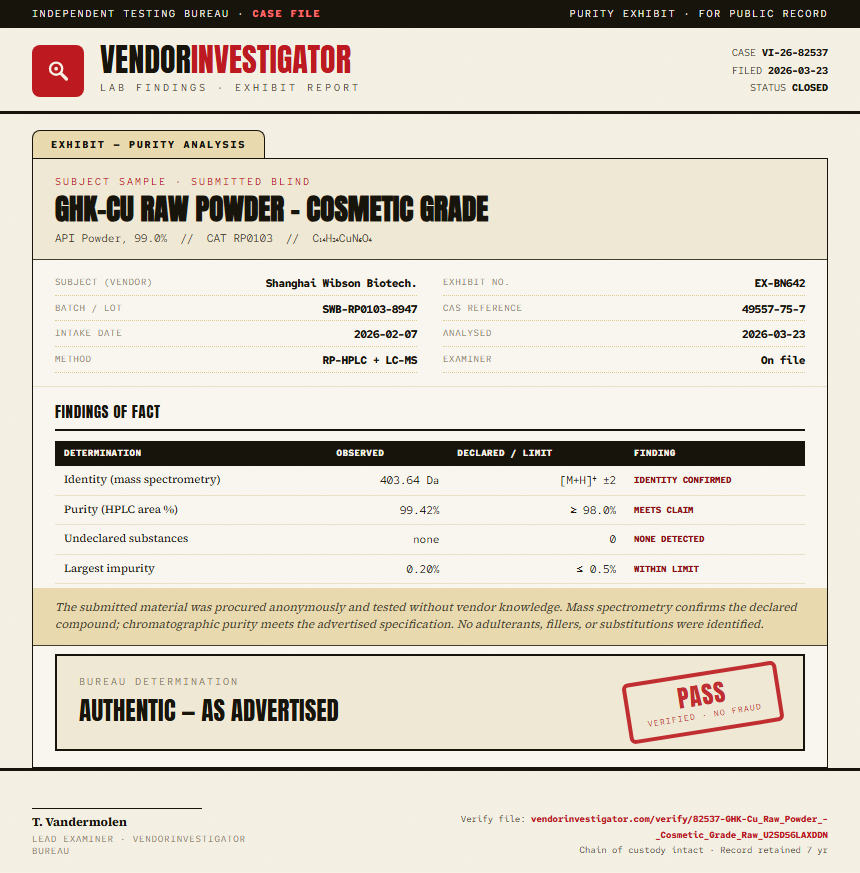 GHK-Cu Raw Powder - Cosmetic Grade Purity (HPLC) report by VendorInvestigator