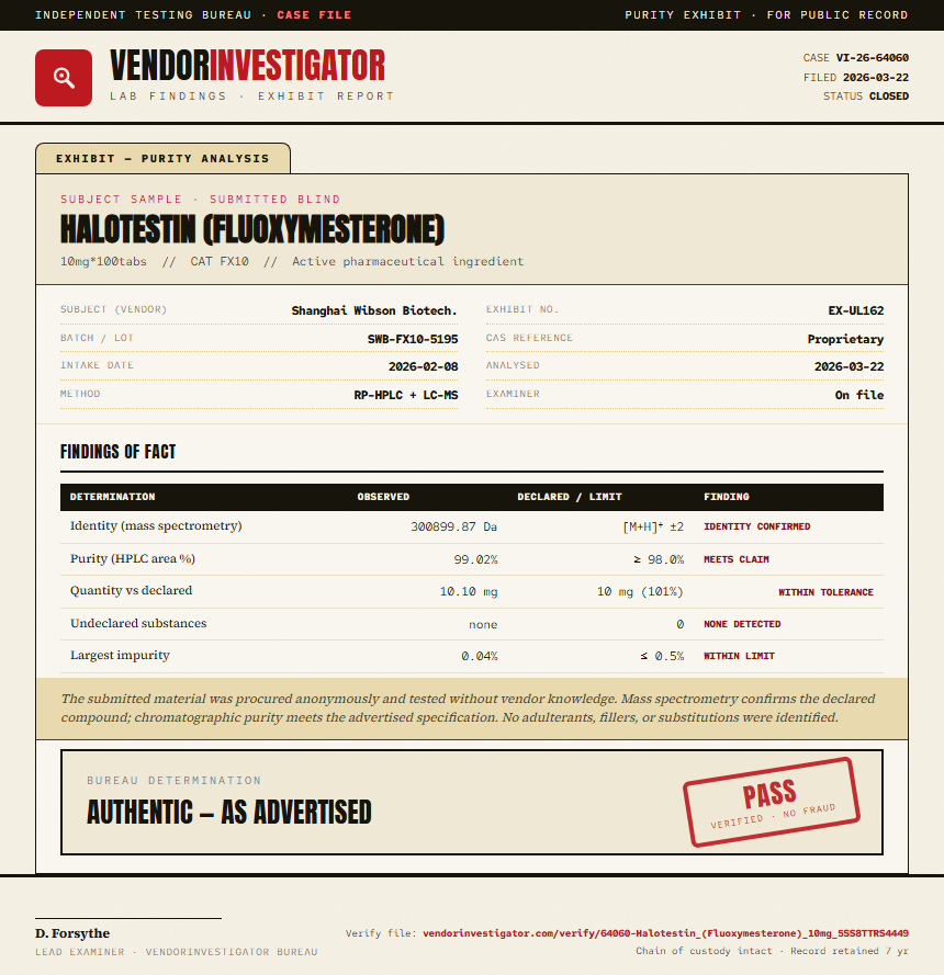Halotestin (Fluoxymesterone) Purity (HPLC) report by VendorInvestigator
