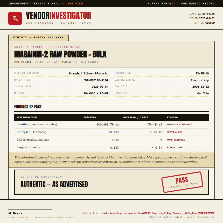 Magainin-2 Raw Powder - Bulk Purity (HPLC) report by VendorInvestigator