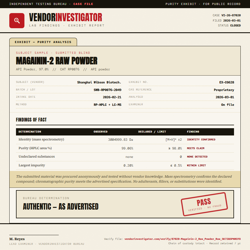 Magainin-2 Raw Powder Purity (HPLC) report by VendorInvestigator