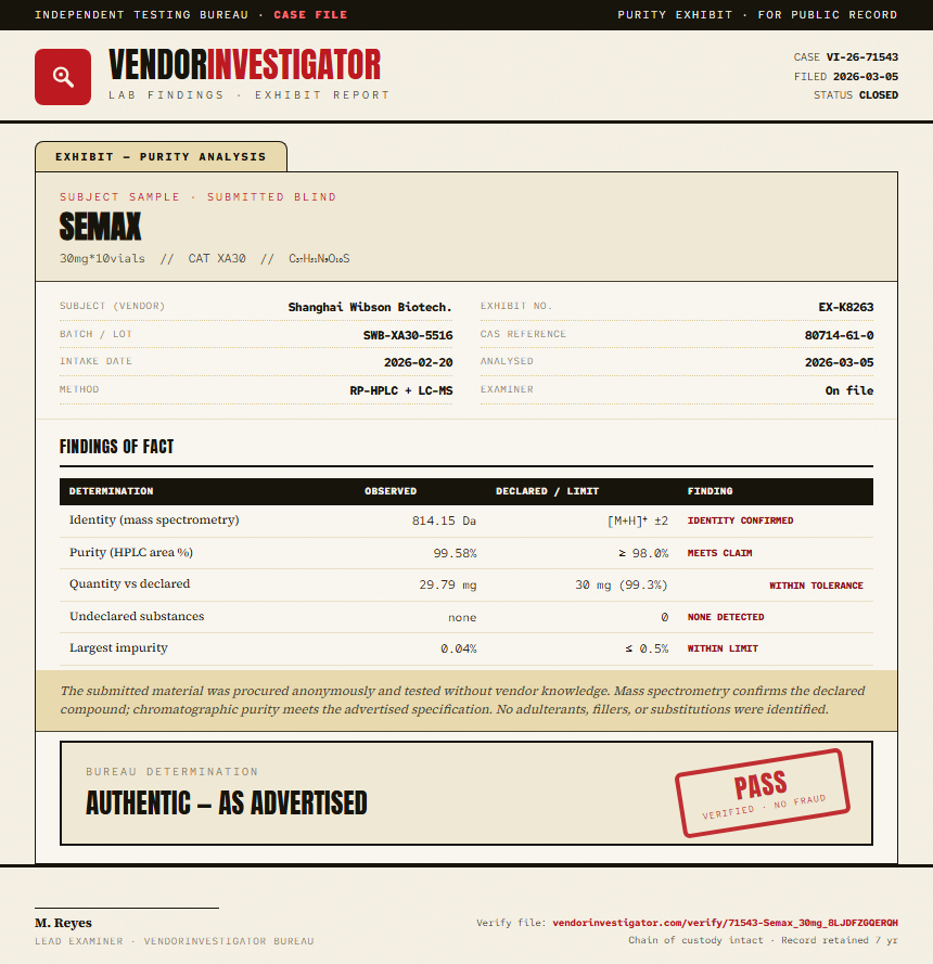Semax Purity (HPLC) report by VendorInvestigator