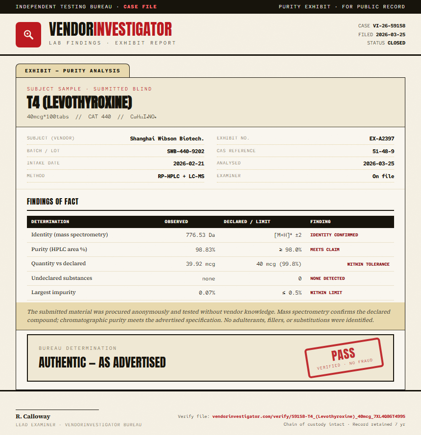 T4 (Levothyroxine) Purity (HPLC) report by VendorInvestigator