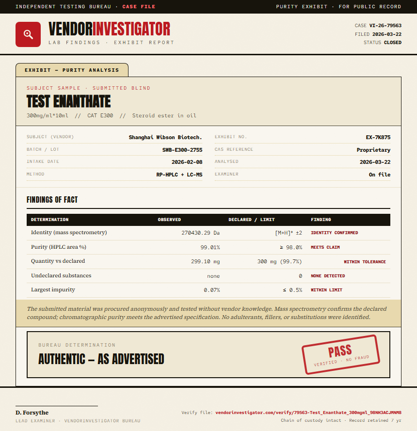Test Enanthate Purity (HPLC) report by VendorInvestigator