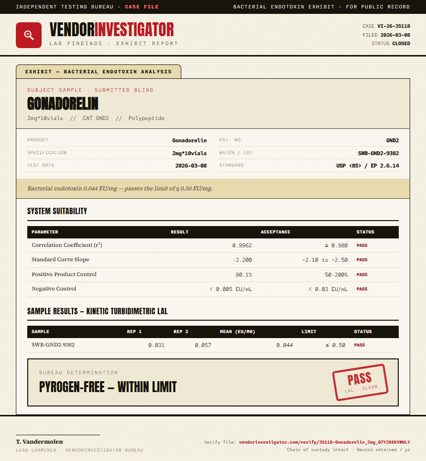 Gonadorelin Endotoxin report by VendorInvestigator