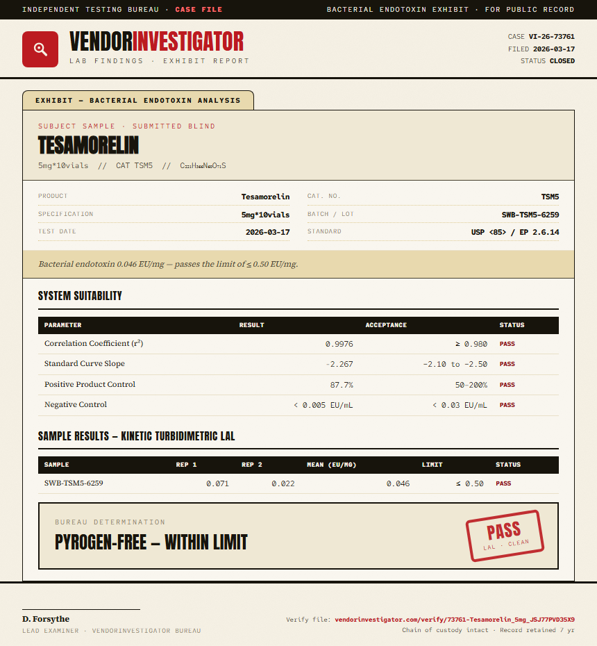 Tesamorelin Endotoxin report by VendorInvestigator